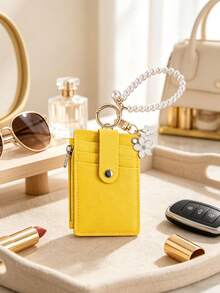 Flower Pendant Keychain Card Wallet With Pearl Chain,PU Multi Card Slots Wallet,Zipper Coin Purse ID Card Holder,Wristlet Bracelet Wrist Coin Purse - A - View 5