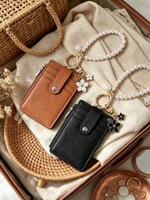 Flower Pendant Keychain Card Wallet With Pearl Chain,PU Multi Card Slots Wallet,Zipper Coin Purse ID Card Holder,Wristlet Bracelet Wrist Coin Purse - A - View 1