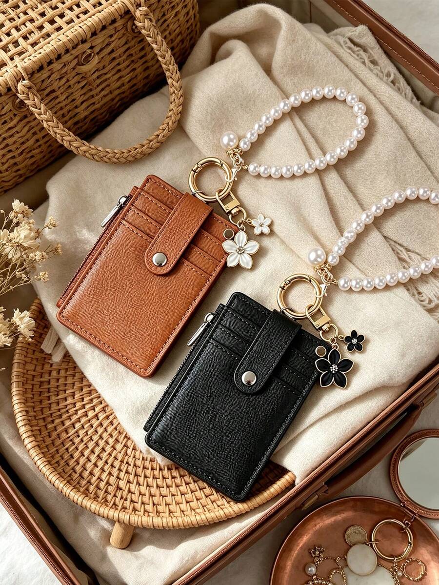 Flower Pendant Keychain Card Wallet With Pearl Chain,PU Multi Card Slots Wallet,Zipper Coin Purse ID Card Holder,Wristlet Bracelet Wrist Coin Purse - A - View 1