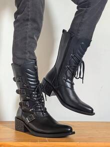 ZCZ Mid‑Calf Knight Boots With Multi‑Buckle Decor, Lace‑Up Side Zipper Chunky Heel Western Style Boots - Black - View 4