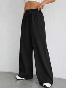 Women's Elastic Waist Drawstring Straight Leg Pants With Side Pockets, Relaxed Full Length Casual Active Trousers For Yoga - Black - View 4