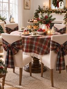 5-Piece Set (1pc 150cm Diameter Round Tablecloth + 4pcs Bow Ties) Christmas Plaid Round Tablecloth With Ruffle Edge, Vintage Scottish Tartan Dining Tablecloth, Suitable For Holiday Dining Table, Farmhouse Christmas Kitchen And Home Decor - coffee color - View 5