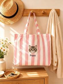 Tas Tote Potret Hewan Peliharaan yang Dipersonalisasi, Tas Anjing Kucing Bordir Kustom, Tas Tote Bergaris, Hadiah untuk Ibu Pecinta Banyak Hewan Peliharaan, Hadiah Unik untuknya - MultiWarna - View 4