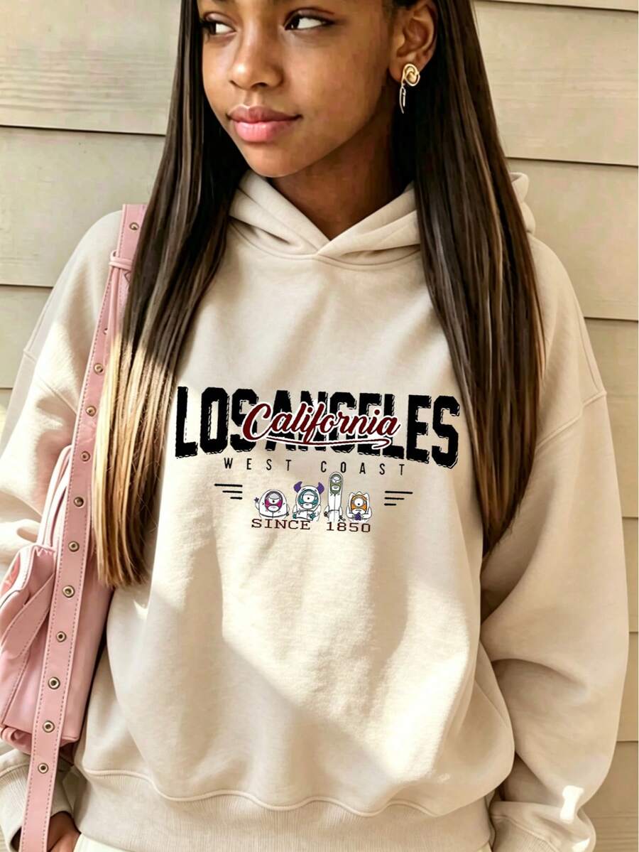 TOMARMON Casual Pullover Sweatshirt, Los Angeles Letter Print Long Sleeve Top, Loose Fit, Spring/Autumn/Winter Daily Wear Versatile Tween Girl Top
