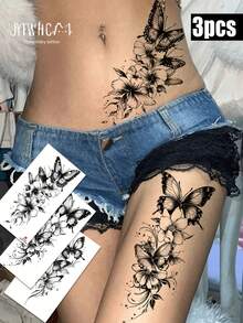 3pcs Waterproof Temporary Tattoo Sticker, Printed Gothic Ink Splatter Butterfly Pattern With Flowing Vine Details, Long Lasting Body Art Sticker For Women, Fit For Party & Daily Wear On Arm, Waist, Leg, Ankle - Black - View 3