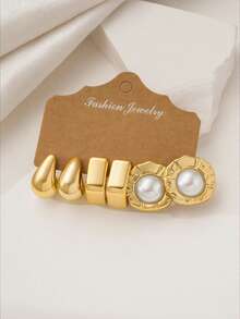 6/18PCS Women's Fashion Delicate Floral & Asymmetrical Oval Faux Pearl C-Shaped Stud Earrings Set, Elegant Versatile Earrings For Women, Suitable For Valentine's Day, Party, Wedding, Daily Wear, Holiday - Gold - View 9