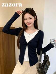 Navy Blue Ditsy Floral Faux Two Pieces Long Sleeve T-Shirt, Slim Fit Base Layer, Designer Style Beautiful Top, Autumn Clothing - Navy Blue - View 7
