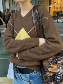 Women's Fashion Autumn/Winter Contrast Color Round Neck Drop Shoulder Fitted Ribbed Regular Casual Versatile Daily Wear Sweater Top - Brown - View 10