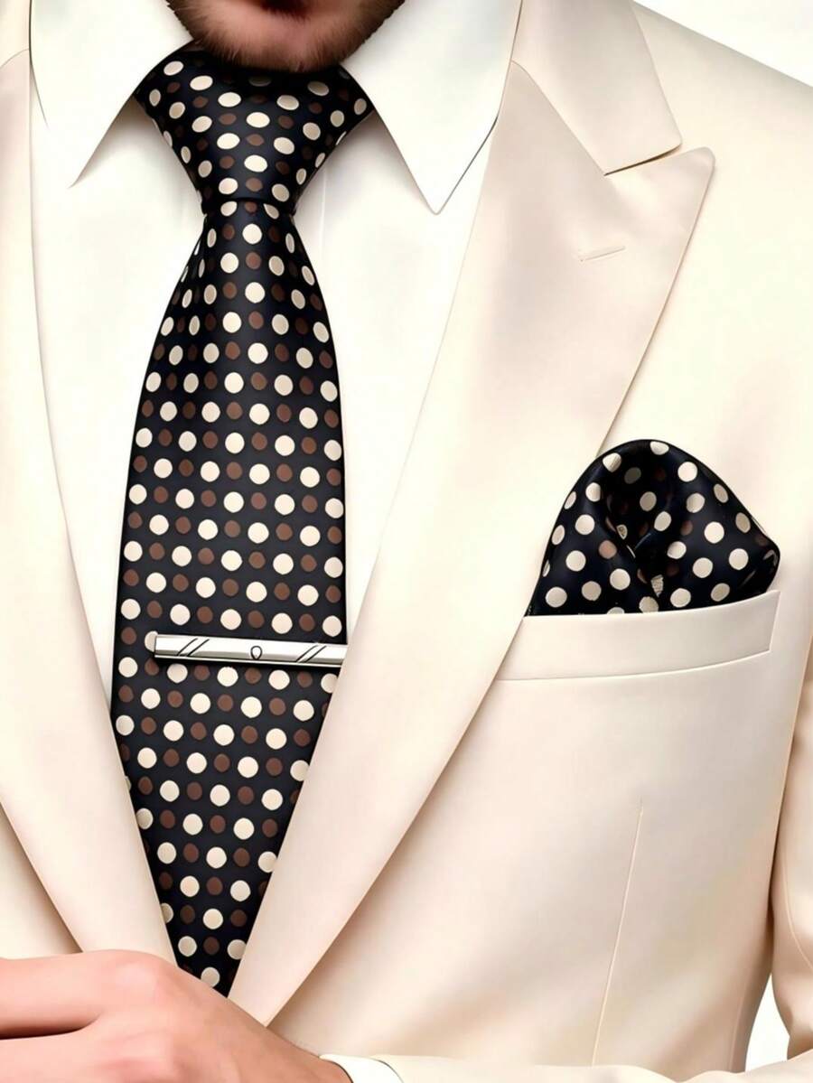 1 Set Men's 8cm Patterned Tie, Pocket Square And Tie Clip Set, Suitable For Wedding, Party, Gathering, Groom Tie Set - Black Background With Brown and White Polka Dots - View 1