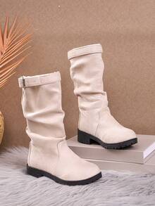 Sepatu Bot Setinggi Lutut Wanita Warna Krem, Dekorasi Gesper Logam, Ujung Bulat, Hak Tebal Rendah, Suede Imitasi, Sepatu Bot Berkuda, Sepatu Bot Sehari-hari Musim Gugur - Krem - View 1