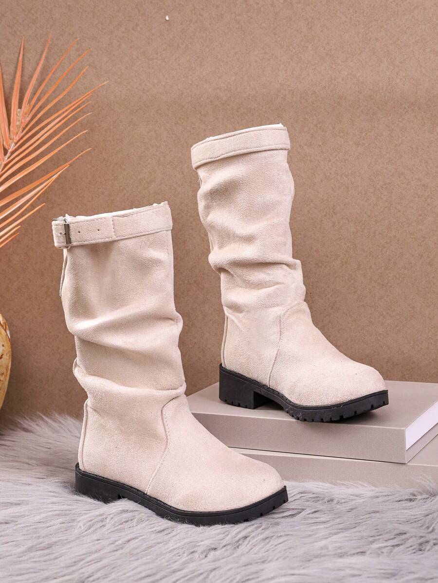 Sepatu Bot Setinggi Lutut Wanita Warna Krem, Dekorasi Gesper Logam, Ujung Bulat, Hak Tebal Rendah, Suede Imitasi, Sepatu Bot Berkuda, Sepatu Bot Sehari-hari Musim Gugur - Krem - View 1