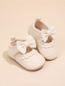 1 Pair Girls Bow PU Hook-And-Loop Design Flat Non-Slip Walking Shoes Plaid 0-1 Years Old Infant Mary Jane Princess Shoes Suitable For Spring And Autumn - Apricot - View 3