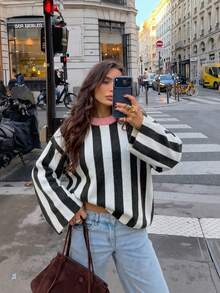 Joy Knit Women's Sweater Autumn/Winter Fashion New Style - All-Match Tops - Minimalist Casual Fashion Versatile - Sweet Cute Vertical Striped Colorblock Round Neck Loose Knit Top - Office Outfits For Women - Going Out Tops - Party - Brown - View 5
