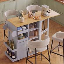 Kitchen Island On Wheels W/Drop Leaf,Kitchen Trolley W/ Towel&Spice Rack,Dual-Sided Sliding Tray,StorageCabinet,Open Shelves,Hooks,Serving Cart Storage Trolley For Kitchen,Dining,Living Room - Grey - View 2