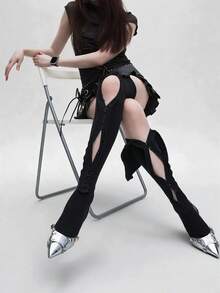 STAR RIVER Japanese Vintage Y2K Hollow Turn Collar Metal Button Over Knee Socks, Gothic Lace Trim Long Tube Socks Ins - Multicolor - View 5