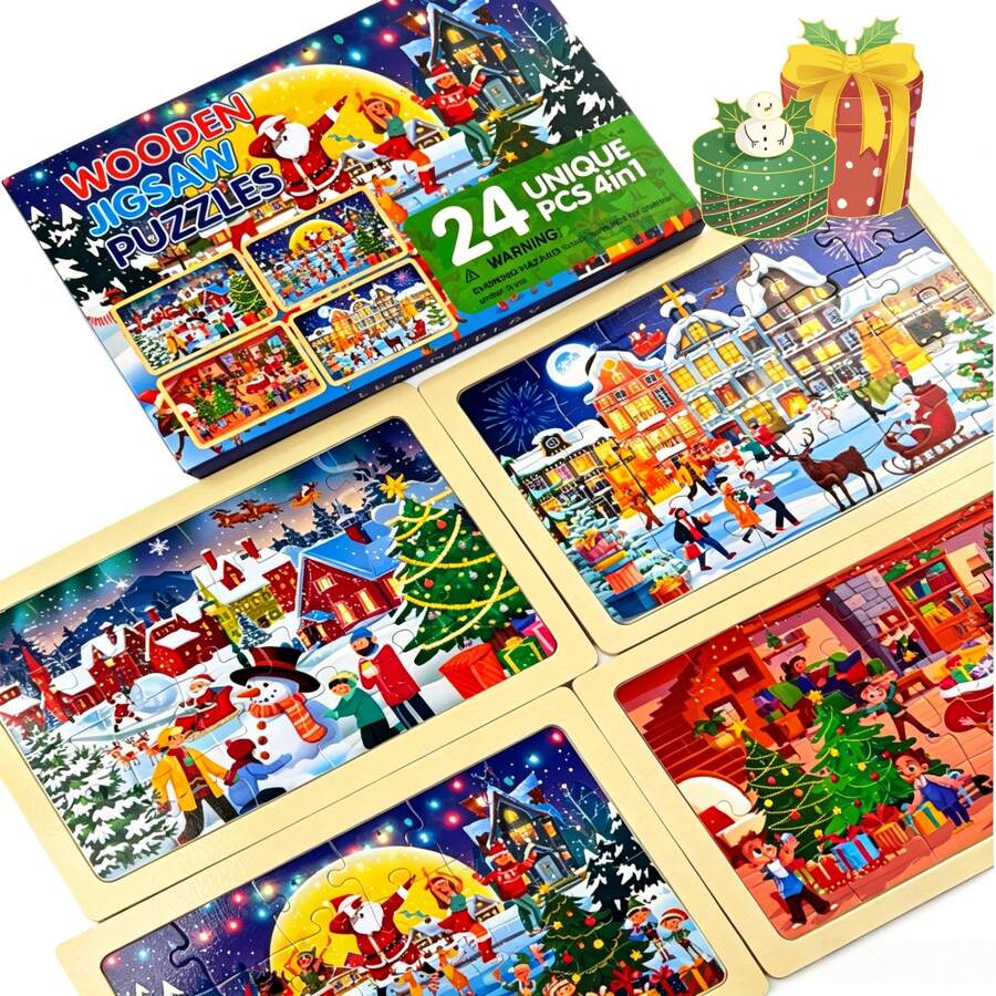 Children's Christmas Wooden Puzzle 4-In-1, 24 Pieces Each, Santa Claus Winter Scene Puzzle, Perfect Christmas Gift For Boys And Girls