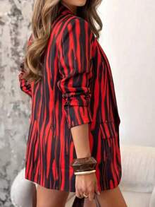 Women's Red & Black Abstract Striped Open Front Blazer, Oversized Lapel Casual Suit Jacket With Pockets, Streetwear Style - Multicolor - View 5