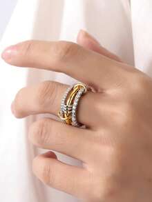 1pc Luxury Fashion Hip-Hop Personalized Gold-Plated Buckle Full Cubic Zirconia Stacked Linked Finger Ring, Suitable For Women's Daily Commute And Party Holiday Wear - Three-layer Stacked Rings - View 5