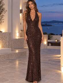 Women's Chocolate Brown Sequin Halter Neck Backless Fitted Maxi Dress, Elegant Shiny Evening Gown, Suitable For Party, Ball, Wedding Guest And Cocktail Occasions - Coffee Brown - View 2