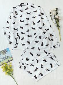 2pcs Black & Brown Dachshund Print Pajama Set, Sweet & Cute Lapel Button Long Sleeve Top And Pants, Women's Sleepwear And Loungewear For Home Use - White - View 2