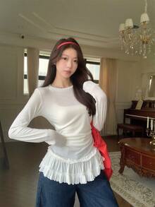 Women's Casual Long Sleeve T-Shirt With Frill Trim Patchwork - White - View 4