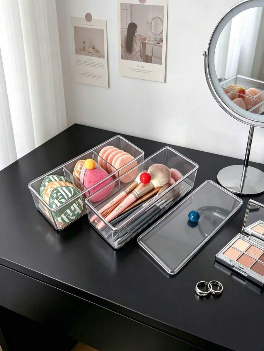 1pc Round Makeup Storage Box With Colorful Handle, Divided Compartment Design, High Transparency Material, Waterproof And Dust-Proof, Organizer For Makeup Brushes, Powder Puffs, Cushion Compacts And Powder Cakes, Vanity Organizer For Girls' Dorm And Rental Apartment - Multicolor - View 1