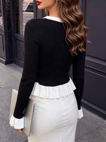 Aflion Women Fall Black White Contrast Knit Cardigan, V Neck Button Front Flared Hem & Cuff Long Sleeve Slim Sweater For Daily Date Outfits - Black - View 2