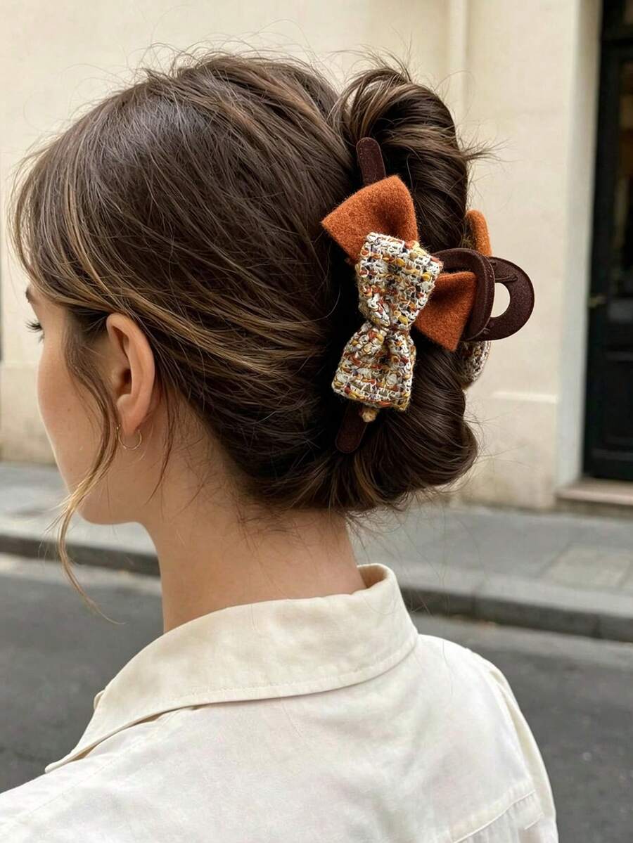 1pc Women's AB Side Bowknot Plush Hair Claw Clip, Large Size, Versatile Hair Accessory For Daily/Date/Commute