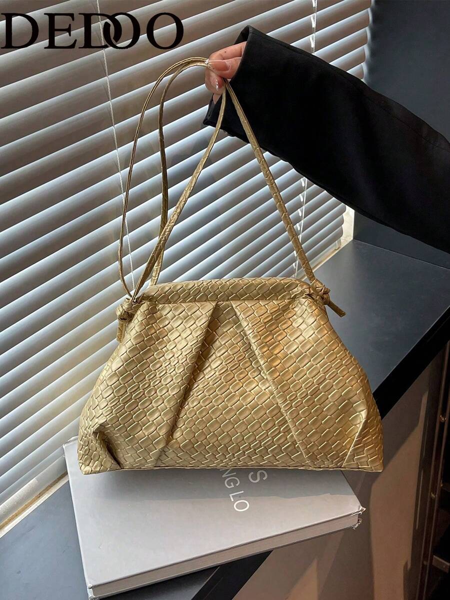Dedoo Women's Woven Texture Clutch Bag, PU Leather, Pleated Large Capacity Elegant Handbag, Suitable For Parties And Evening Events - Gold - View 1