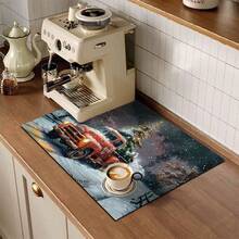 1pc Christmas Series Snow Scene Red Truck Homecoming Pattern Coffee Bar Mat, Diatom Mud Soft Bottom Drainage Mat, Soft Rubber Drainage Mat, Super Absorbent Wear-Resistant Dish Drying Mat, For Countertop Restaurant Kitchen Table Mat, Patio Dining Table Decor, Home Kitchen Supplies, Countertop Decorative Mat - Multicolor - View 5