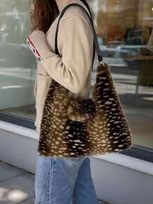 1件大容量毛絨拉鍊托特包，時尚鏈條毛茸茸大包，秋冬新款，適合女性日常使用 - 彩色 - 查看 6