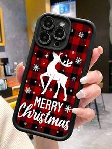 1pc Vintage Christmas Red & Black Plaid Deer Snowflake Letter Pattern Thick Anti-Drop Full Coverage Soft Phone Case Compatible With IPhone 11/12/13/14/15/16/17 Pro Max - Multicolor - View 1