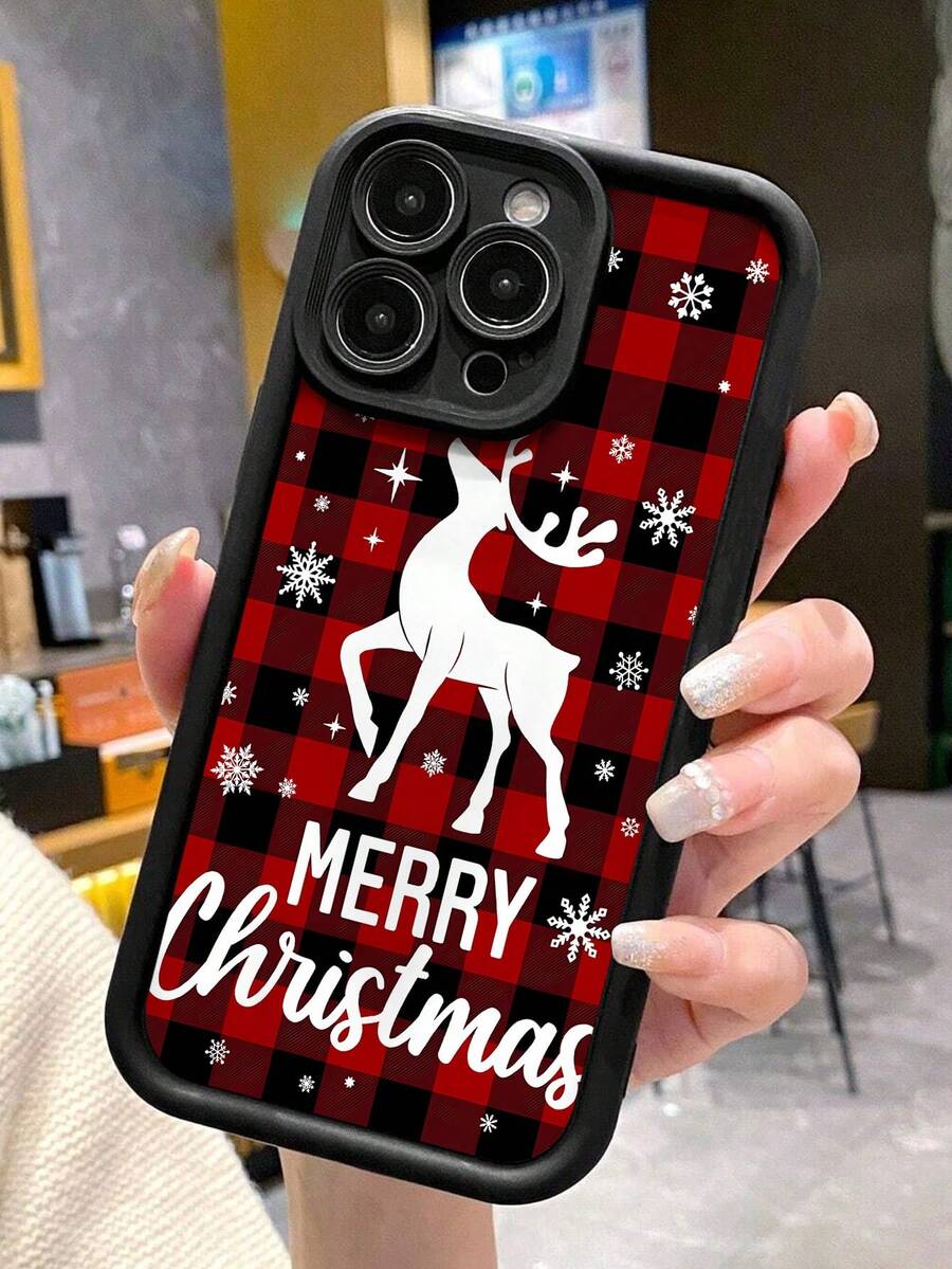 1pc Vintage Christmas Red & Black Plaid Deer Snowflake Letter Pattern Thick Anti-Drop Full Coverage Soft Phone Case Compatible With IPhone 11/12/13/14/15/16/17 Pro Max - Multicolor - View 1
