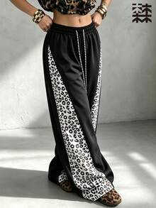 mulinsen Women's Straight Leg Joggers, Elastic Drawstring Waist, Pink Leopard Print Side Stripe Casual Sweatpants - White - View 6