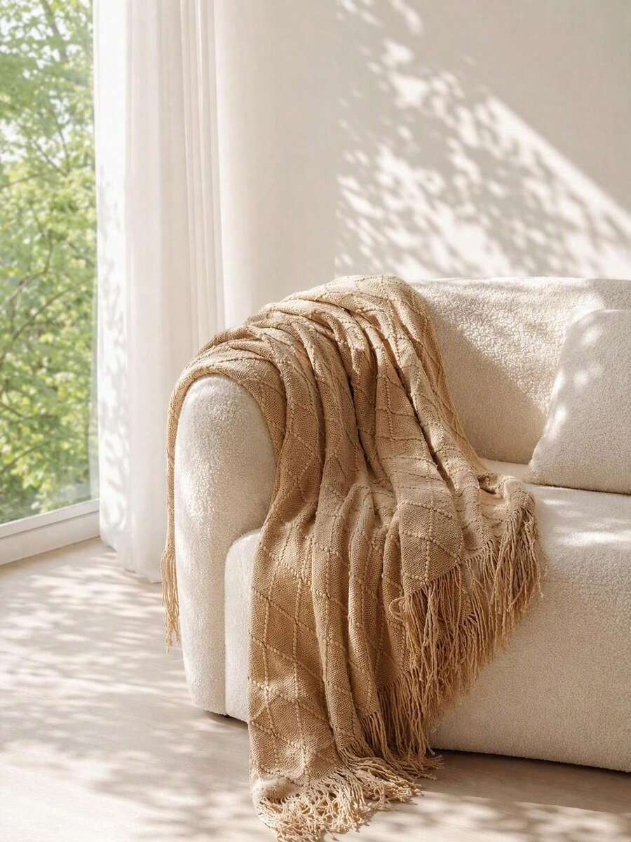 1pc Knitted Blanket Sofa Cover Bedspread Office Nap Throw Lightweight Summer Shawl For Nap Time - Khaki - View 1