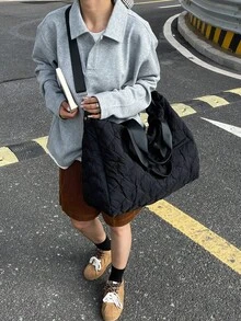 Dedoo 女款黑色絎縫圓筒包，聚酯纖維，大容量旅行與健身用肩背包 - 黑色 - 查看 7