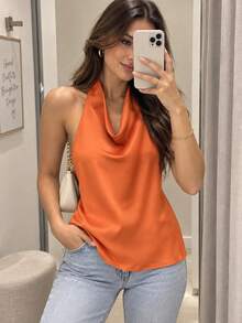Top de satén de unicolor con cuello halter y espalda descubierta para primavera/verano - Naranja - Ver 1