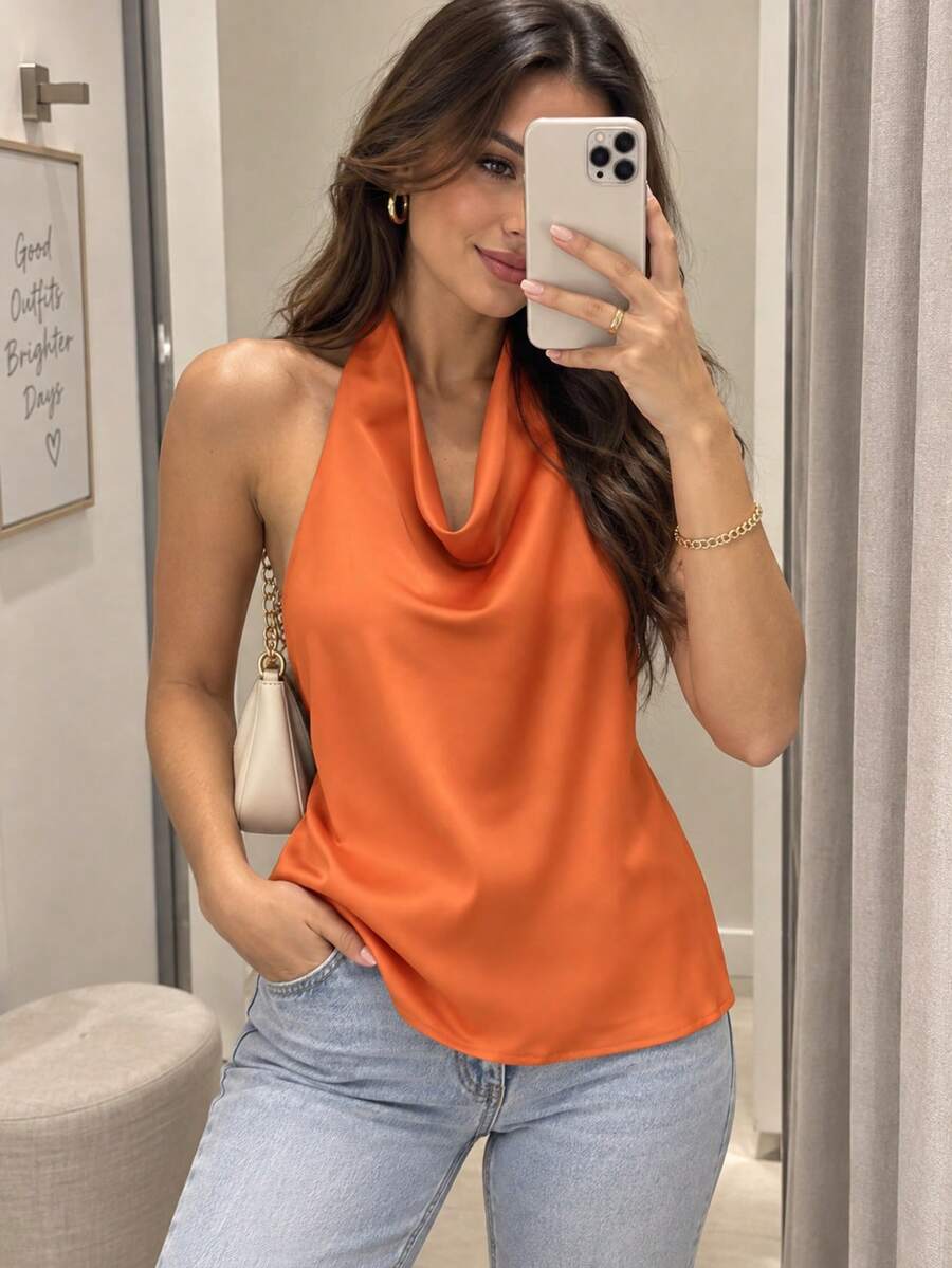Top de satén de unicolor con cuello halter y espalda descubierta para primavera/verano - Naranja - Ver 1