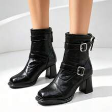 2026 Double Buckle Decor Women's Ankle Boots Square Toe Chunky Heel Back Zipper Casual Street Vintage Ankle Boots - Black - View 1