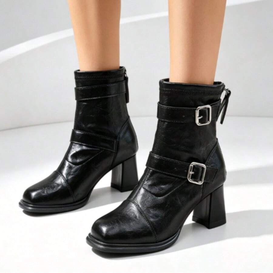 2026 Double Buckle Decor Women's Ankle Boots Square Toe Chunky Heel Back Zipper Casual Street Vintage Ankle Boots - Black - View 1