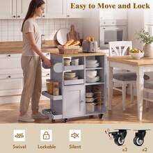 Kitchen Island On Wheels W/Drop Leaf,Kitchen Trolley W/ Towel&Spice Rack,Dual-Sided Sliding Tray,StorageCabinet,Open Shelves,Hooks,Serving Cart Storage Trolley For Kitchen,Dining,Living Room - Grey - View 6