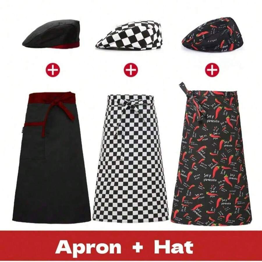 2pcs Half Apron & Chef Hat Set, Apron + Chef Hat Set, Tie-Up Chef Hat & Apron - 2Pcs Set - View 1