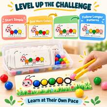 Caterpillar Color Sorting & Counting Toy With Tweezers And Pattern Cards, Preschool Matching Learning Game For Kids Ages 3+ - Multicolor - View 6