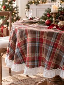 Christmas Plaid Round Tablecloth With Ruffled Edge, Vintage Tartan Table Cover For Holiday Dining Table, Farmhouse Christmas Kitchen & Home Decor - coffee color - View 7