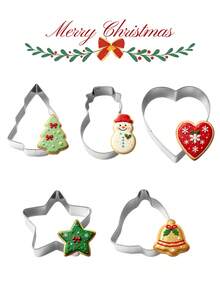 4/5Pcs Stainless Steel Christmas Cookie Cutter Set, Xmas Tree Snowman Heart Star Bell Shapes Biscuit Molds For Holiday Baking DIY Fondant Cake Decor - View 6