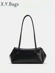 Minimalist Soft Leather Shoulder Bag For Women, Quiet Luxury Daily Commute Tote Handbag, Professional Look, Fall Fashion, Elegant Design, Solid Color - Black - View 6