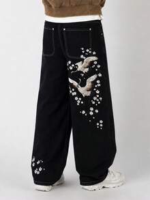 Men's Floral Crane Embroidery Pattern Casual Daily Denim Jeans - Black - View 3