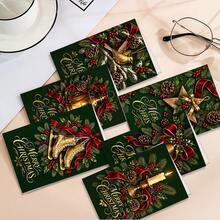 12pcs Christmas Greeting Cards With Envelopes, 6 Styles Deep Green Vintage Christmas Candle Bell Skating Lantern Pattern Holiday Note Cards, Merry Christmas Blank Cards, Suitable For Seasonal Greetings And Party Invitations - Multicolor - View 4