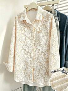 Plus Size Women's Solid Color Romantic Lapel Single-Breasted Long Sleeve Printed Blouse - Apricot - View 2