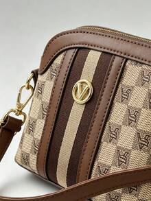 Brown Checkerboard Crossbody Bag For Women Faux Leather Purse With Gold Metal Lock Adjustable Strap Zip Closure - Multicolor - View 10
